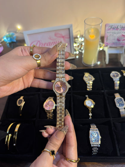 Round Crystal Rhinestone Gold Watch with Pink Sunburst Dial