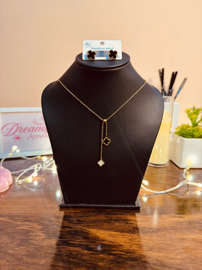 Stainless Steel White & Black Clover Lariat Necklace & Studs
