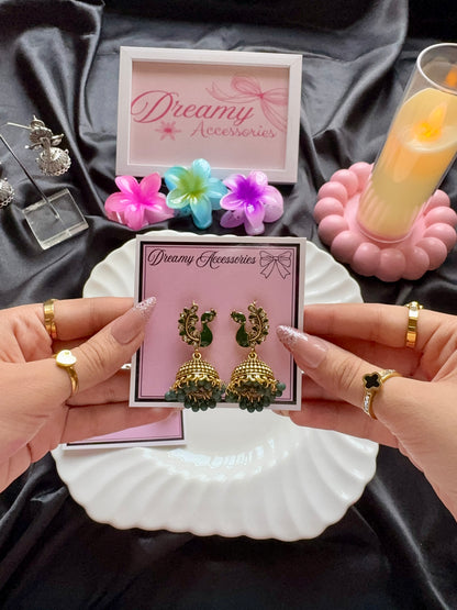 Traditional Antique Gold Peacock Meenakari Jhumka Earrings