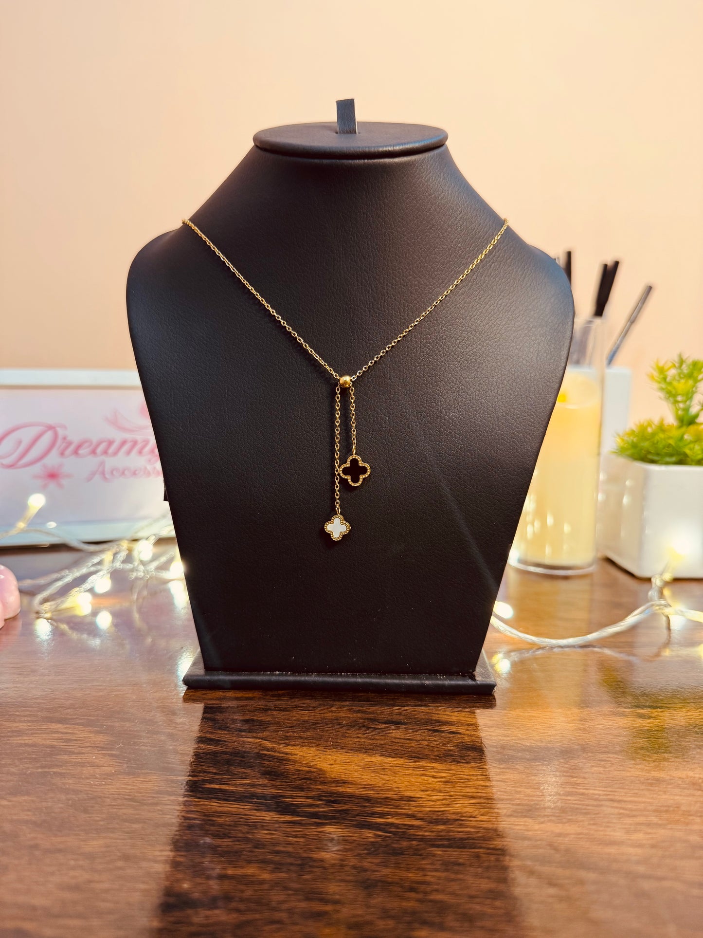 Stainless Steel White & Black Clover Lariat Necklace & Studs