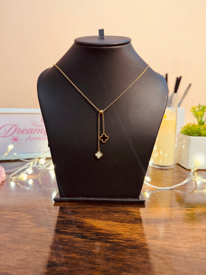 Stainless Steel White & Black Clover Lariat Necklace & Studs