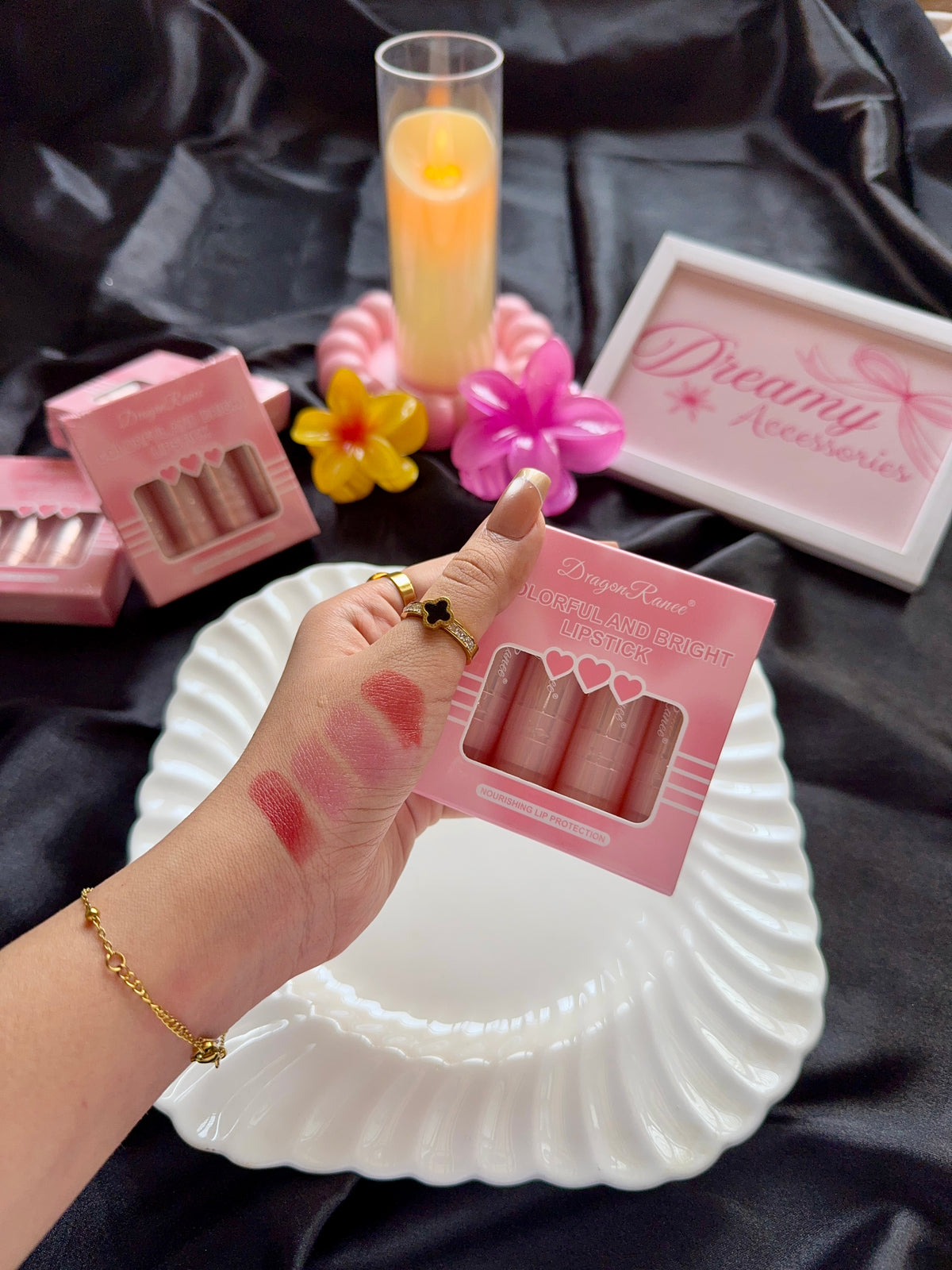 Dragon Ranee Mini Colorful & Bright Lip Balm & Lipstick Set (Pack of 4)