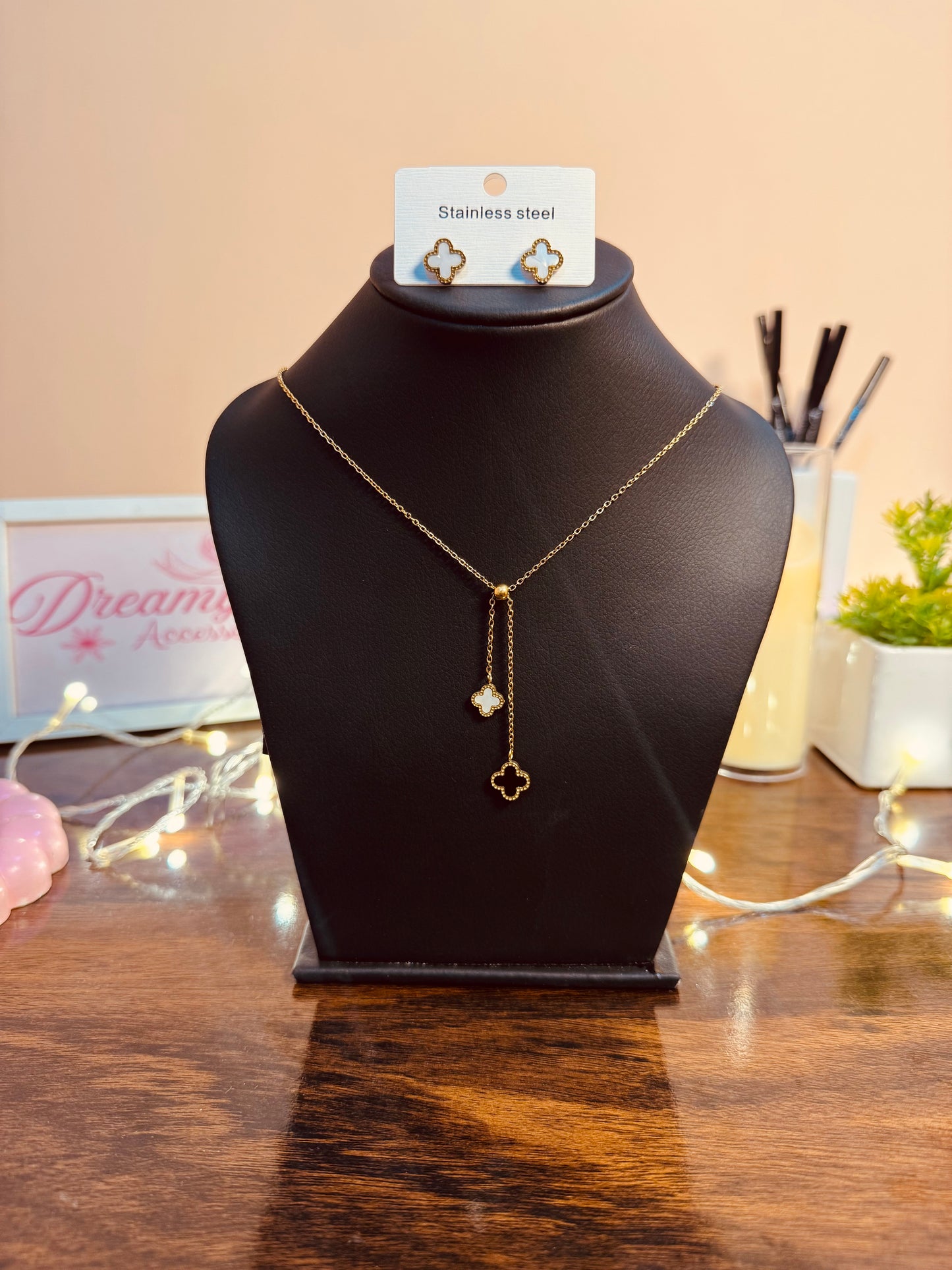 Stainless Steel White & Black Clover Lariat Necklace & Studs