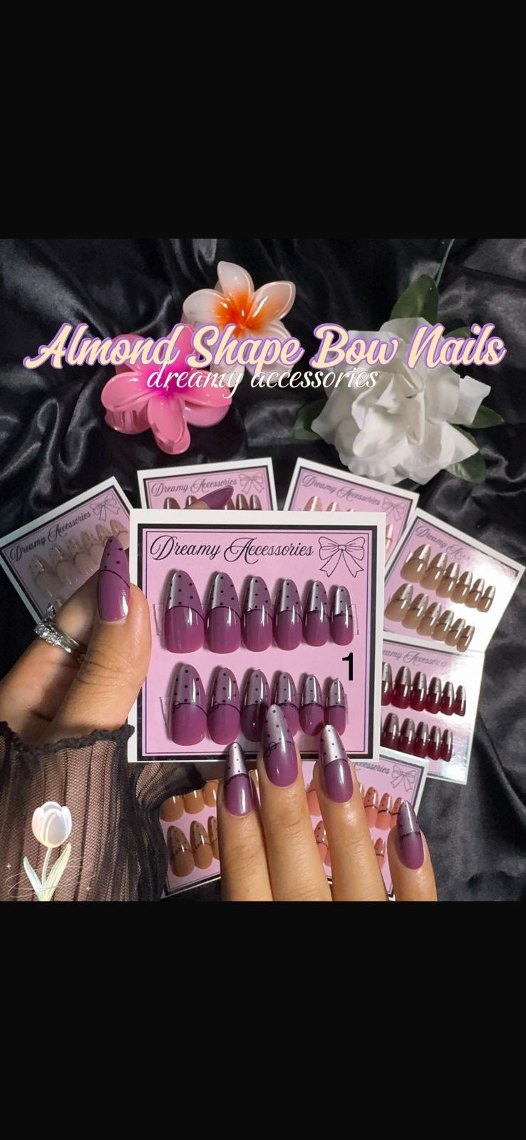 12Pcs Almond Shape Bow Nails Sets With Application Ket
