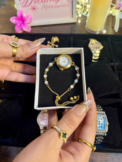 Stainless Steel Dainty Gold Crystal Chain Bracelet Watch (Adjustable Pull-Tie / Slider)