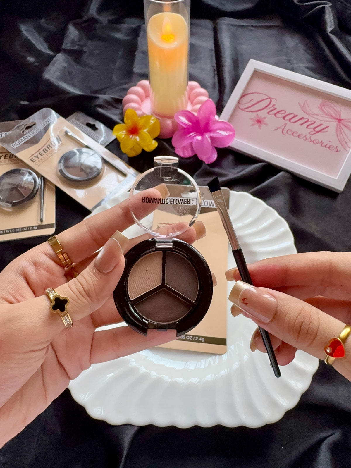 Romantic Flower Eyebrow Cake Powder Kit with Professional Brush