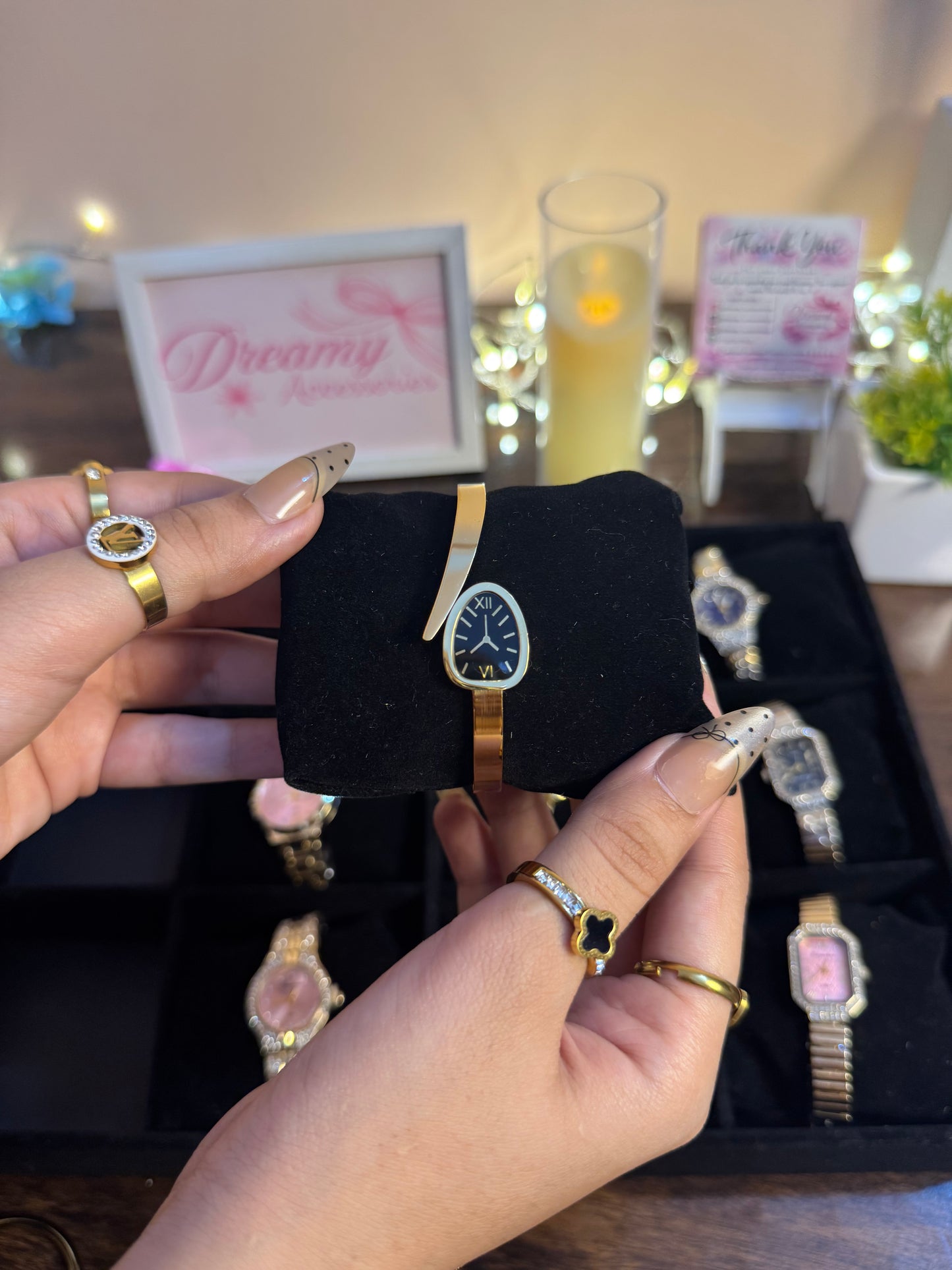 Stainless Steel Teardrop Snake-Head Gold HandCuff Watch with Black Dial