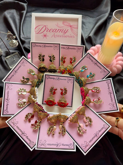 Traditional Antique Gold Peacock Meenakari Jhumka Earrings