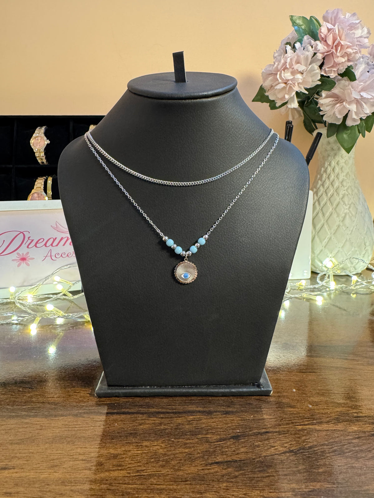 Stainless steel Evil Eye 2 Lyar Necklace