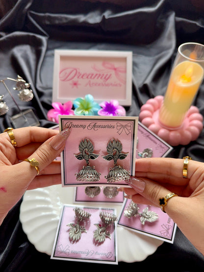 Traditional Silver Peacock Jhumka Earrings