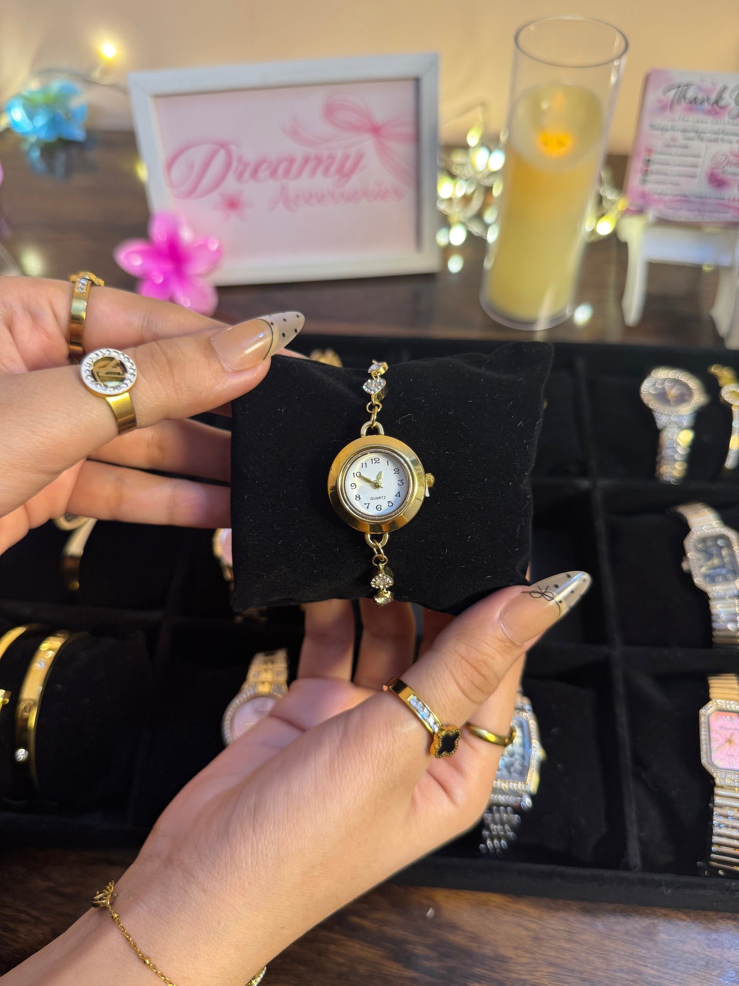 Stainless Steel Dainty Gold Crystal Chain Bracelet Watch (Adjustable Pull-Tie / Slider)