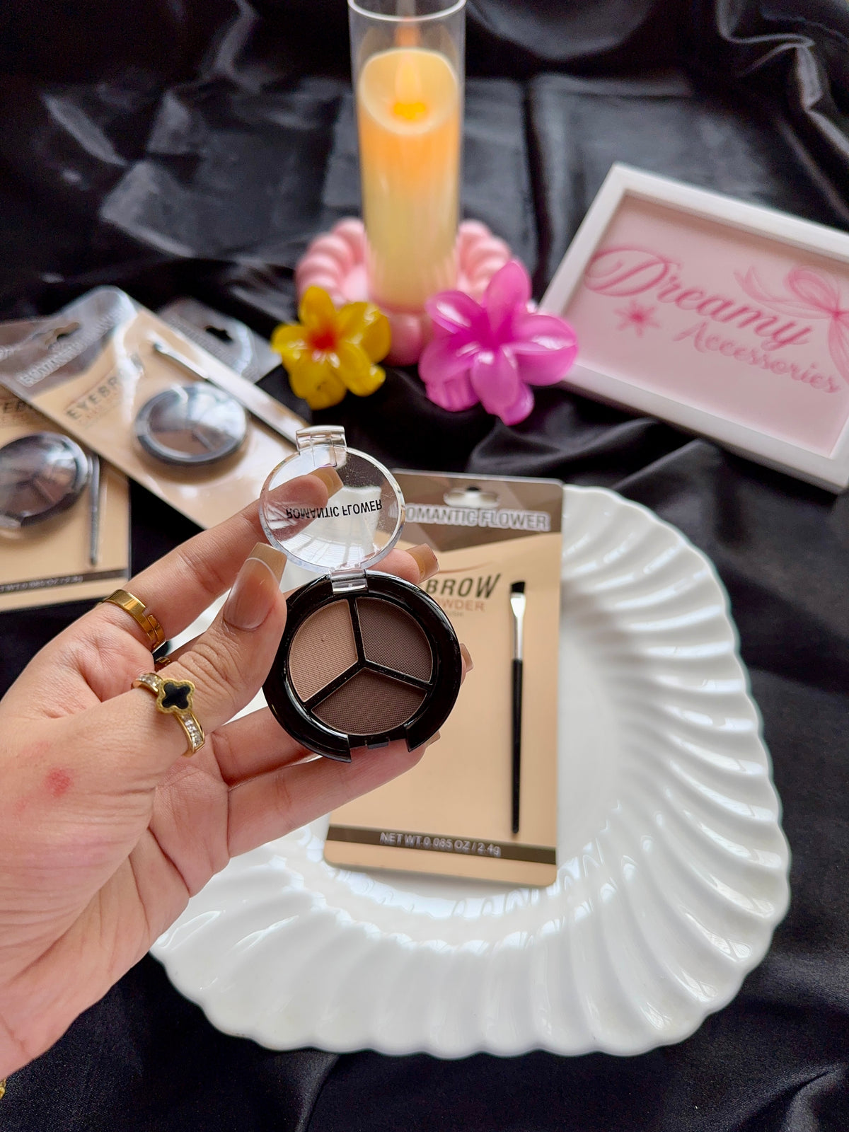 Romantic Flower Eyebrow Cake Powder Kit with Professional Brush