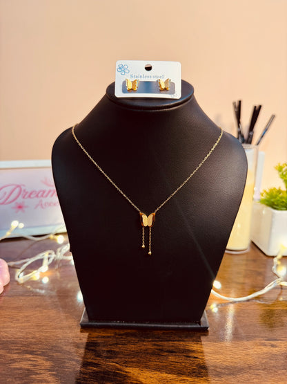 Stainless Steel Butterfly Tassel Necklace & Studs 🦋