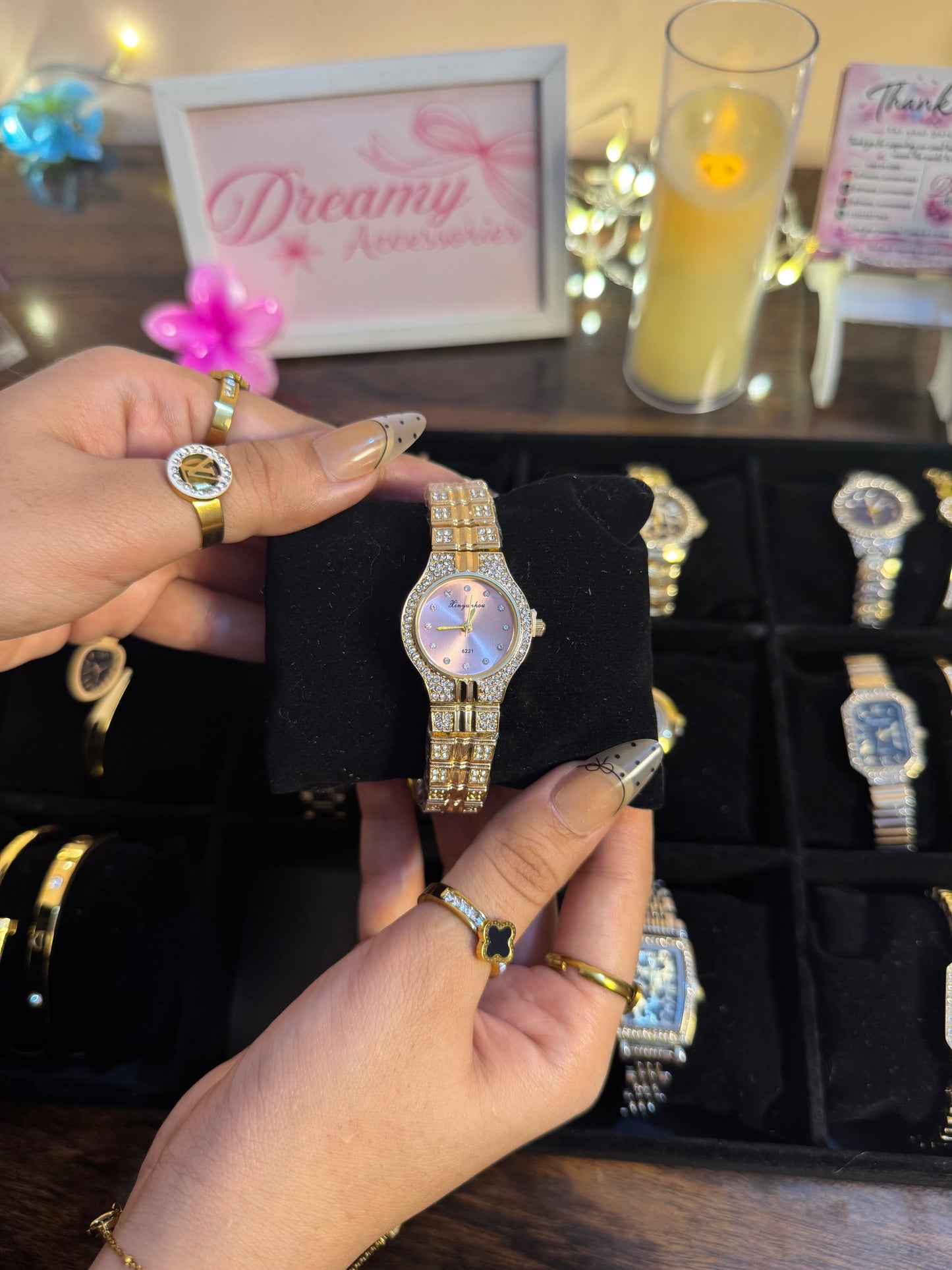 Round Crystal Rhinestone Gold Watch with Pink Sunburst Dial